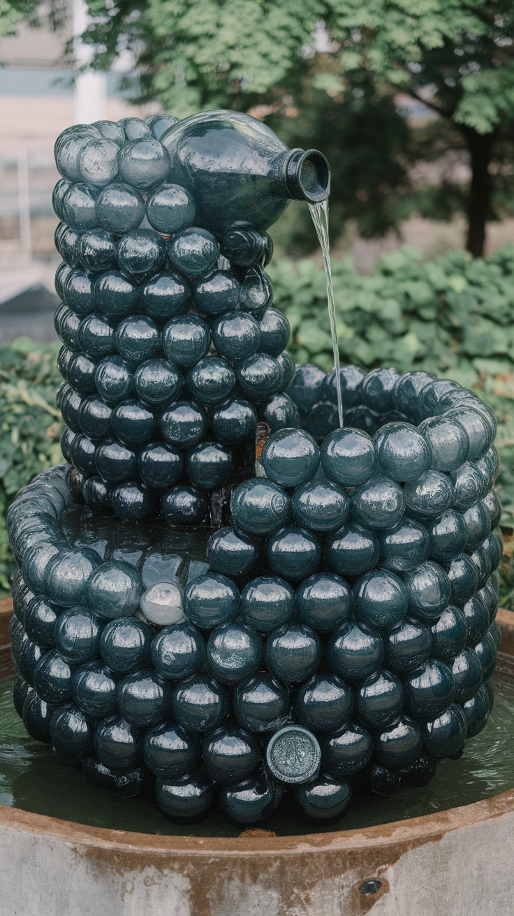 A creative garden water fountain made from recycled bottles.