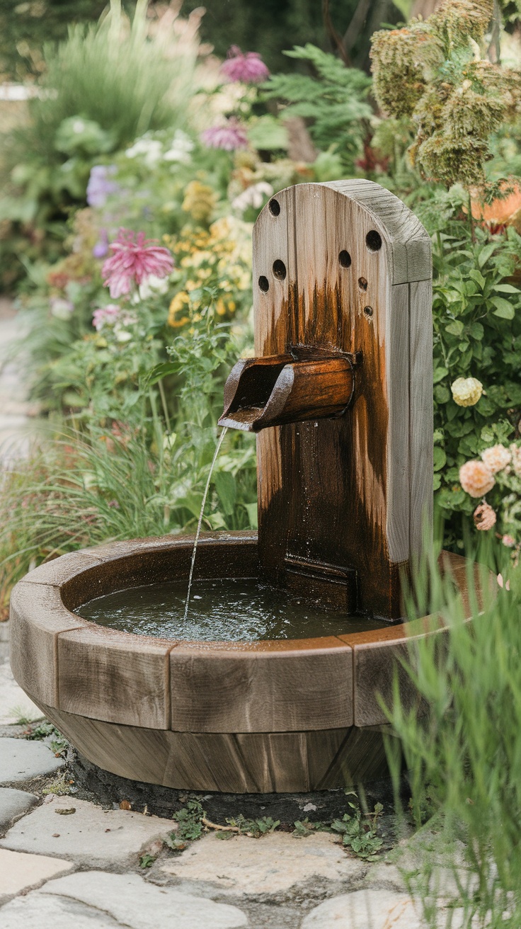 Rustic wooden garden fountain surrounded by colorful flowers and greenery.