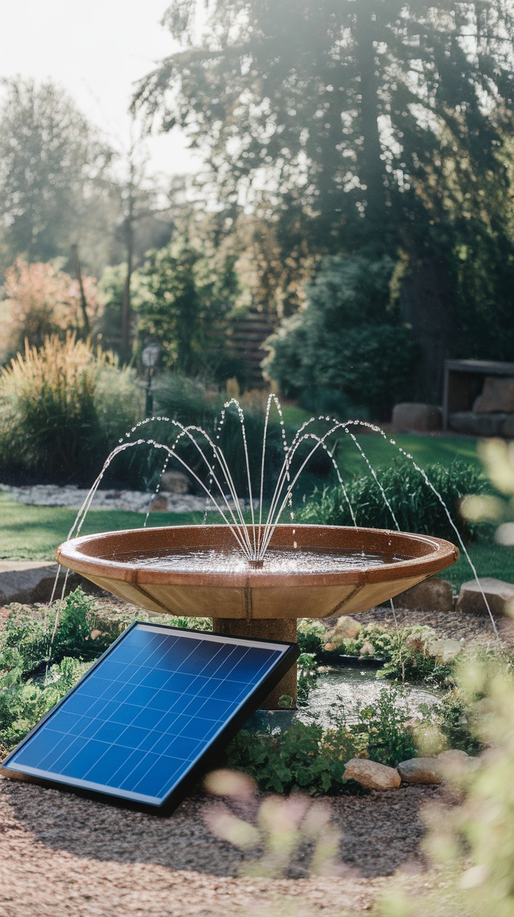 A solar-powered fountain in a garden with a solar panel and water spraying from the fountain