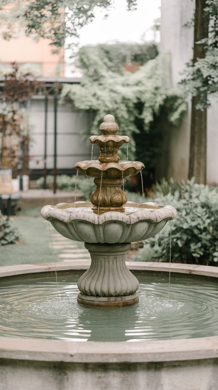 A beautifully constructed stone tiered fountain in a garden setting.