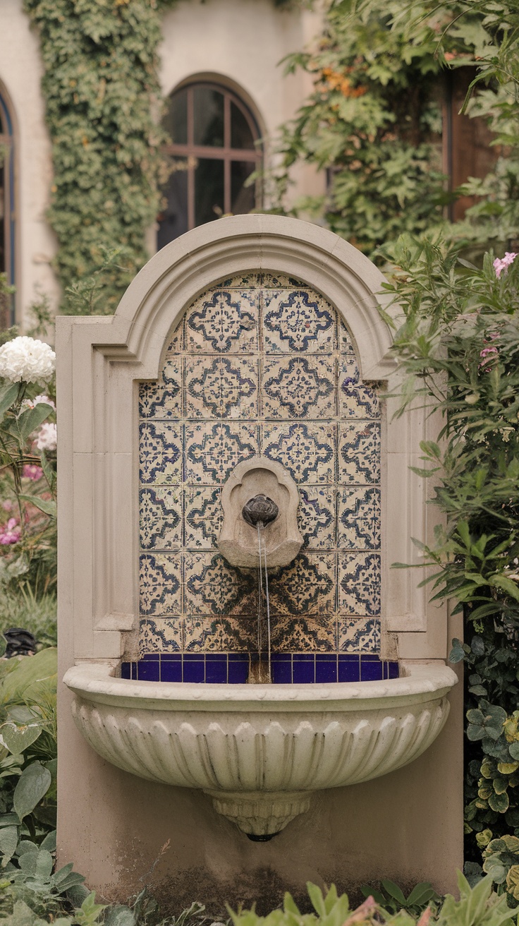 A wall-mounted fountain with decorative tiles and flowing water, surrounded by greenery.