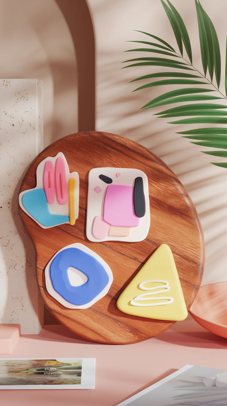 Colorful abstract clay magnets on a wooden platter.