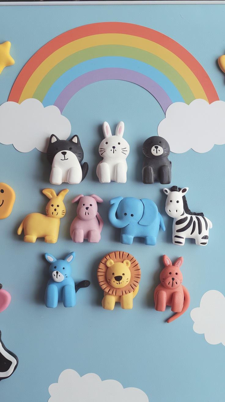 Colorful animal-shaped clay magnets displayed on a blue background with a rainbow and clouds.