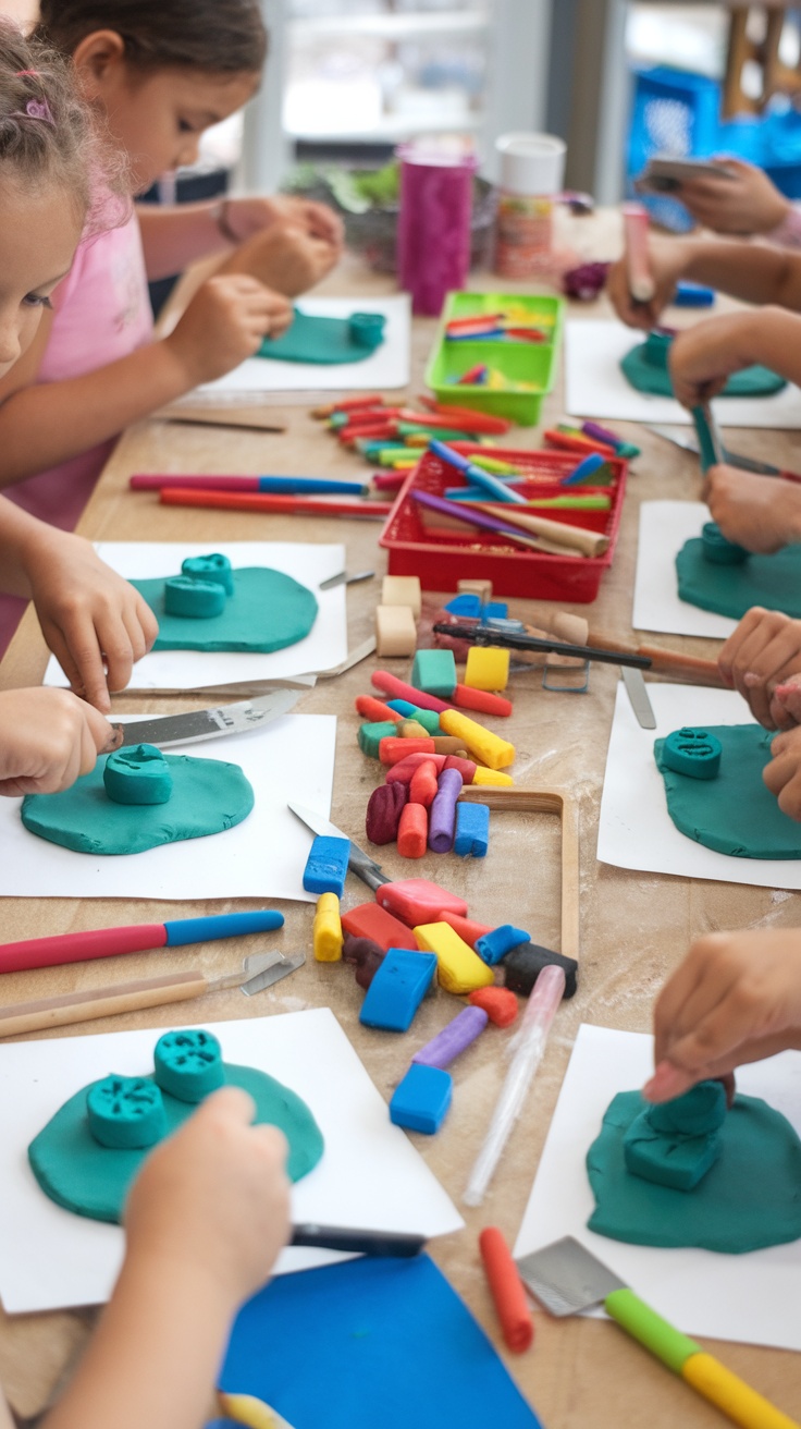 Kids creating colorful clay magnets at a table.