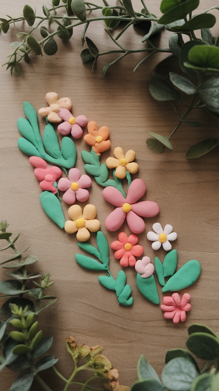 Colorful floral clay magnets arranged on a wooden surface with greenery.