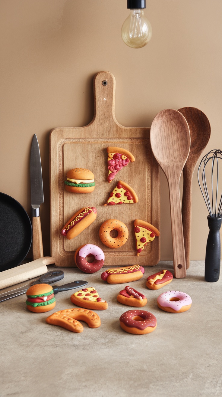 A variety of clay food-themed magnets displayed on a wooden cutting board, including burgers, pizza slices, donuts, and hot dogs.