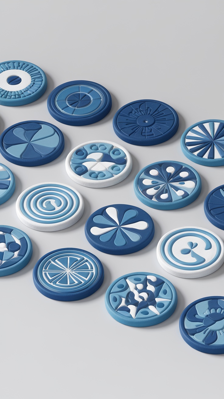 A variety of clay magnets featuring geometric patterns in blue and white colors.