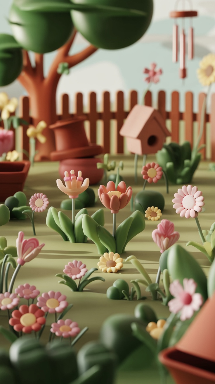 Colorful miniature clay garden elements including flowers and pots.