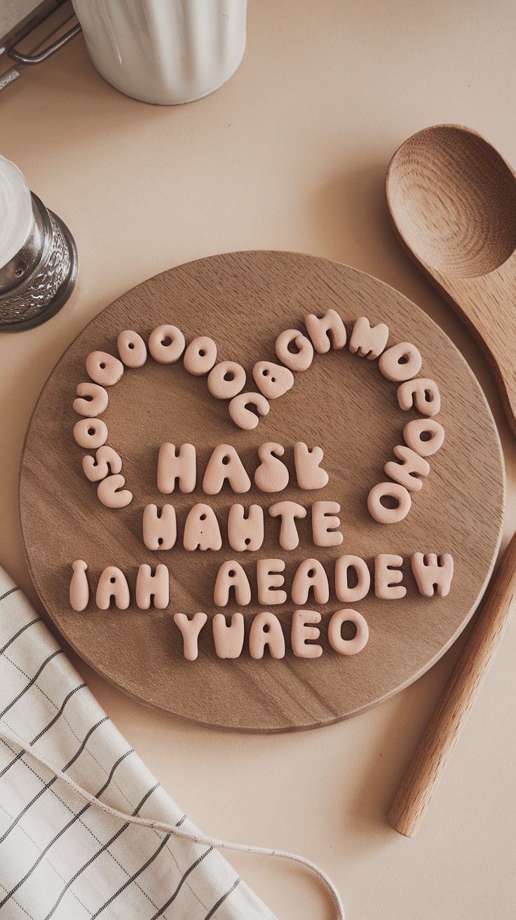 Personalized clay magnets spelling out various names and phrases on a wooden board.