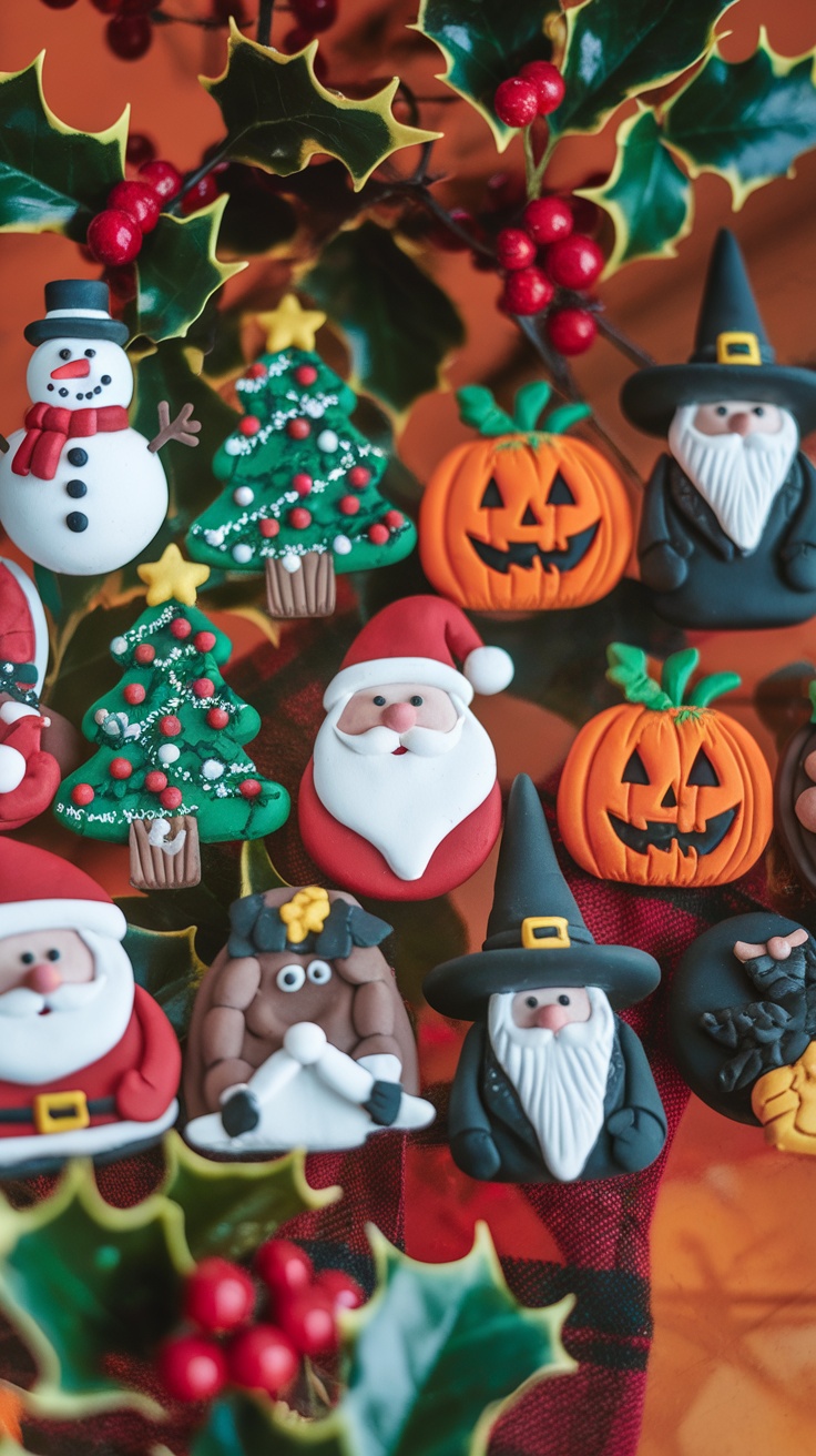 A collection of colorful clay holiday magnets, including Santa, snowmen, Christmas trees, pumpkins, and a witch.