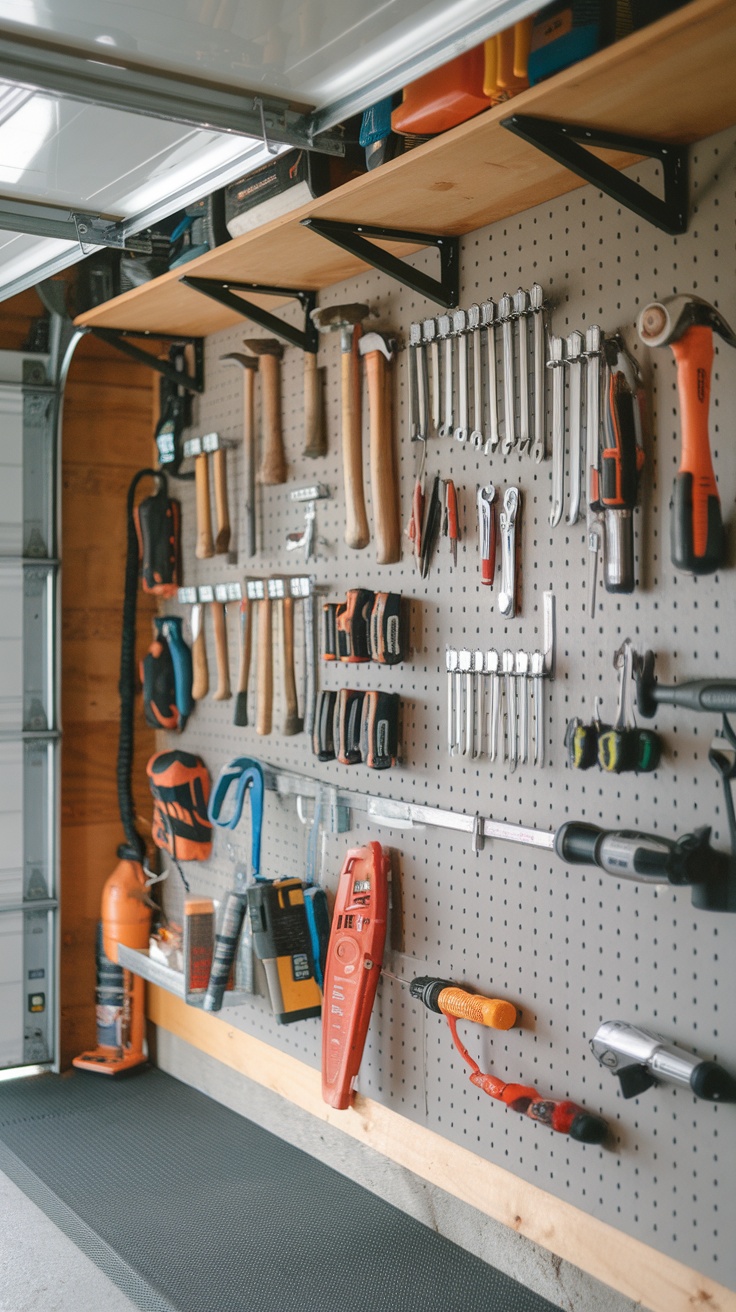 A well-organized tool wall featuring various tools on a pegboard in a garage.