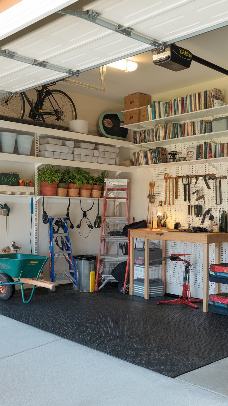 A well-organized garage with designated zones for gardening, tools, and storage.