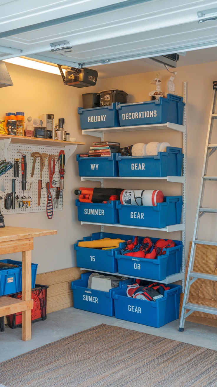 Organized garage with labeled blue bins for seasonal storage.