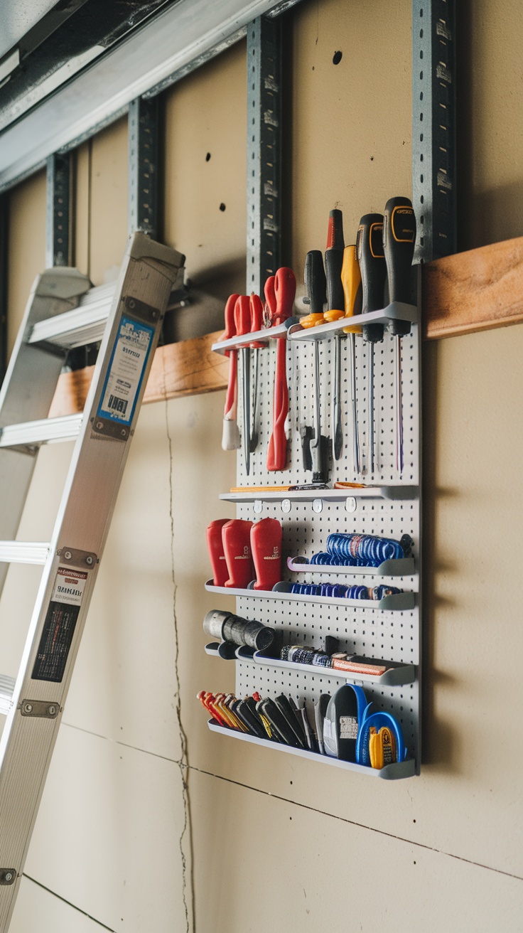 A garage wall featuring organized tools on magnetic strips and a ladder beside it.