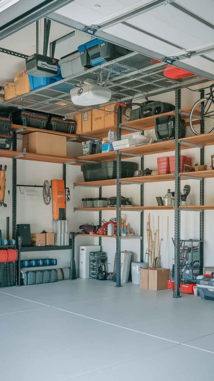 A well-organized garage with overhead storage racks and tools neatly arranged.