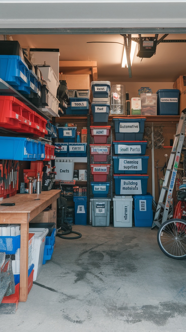 Organized garage with labeled storage bins and shelves.