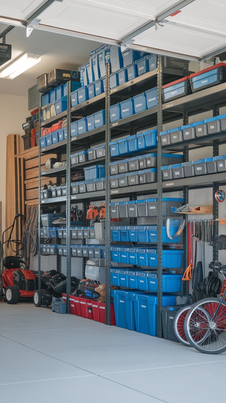 Organized garage with shelving units and bins