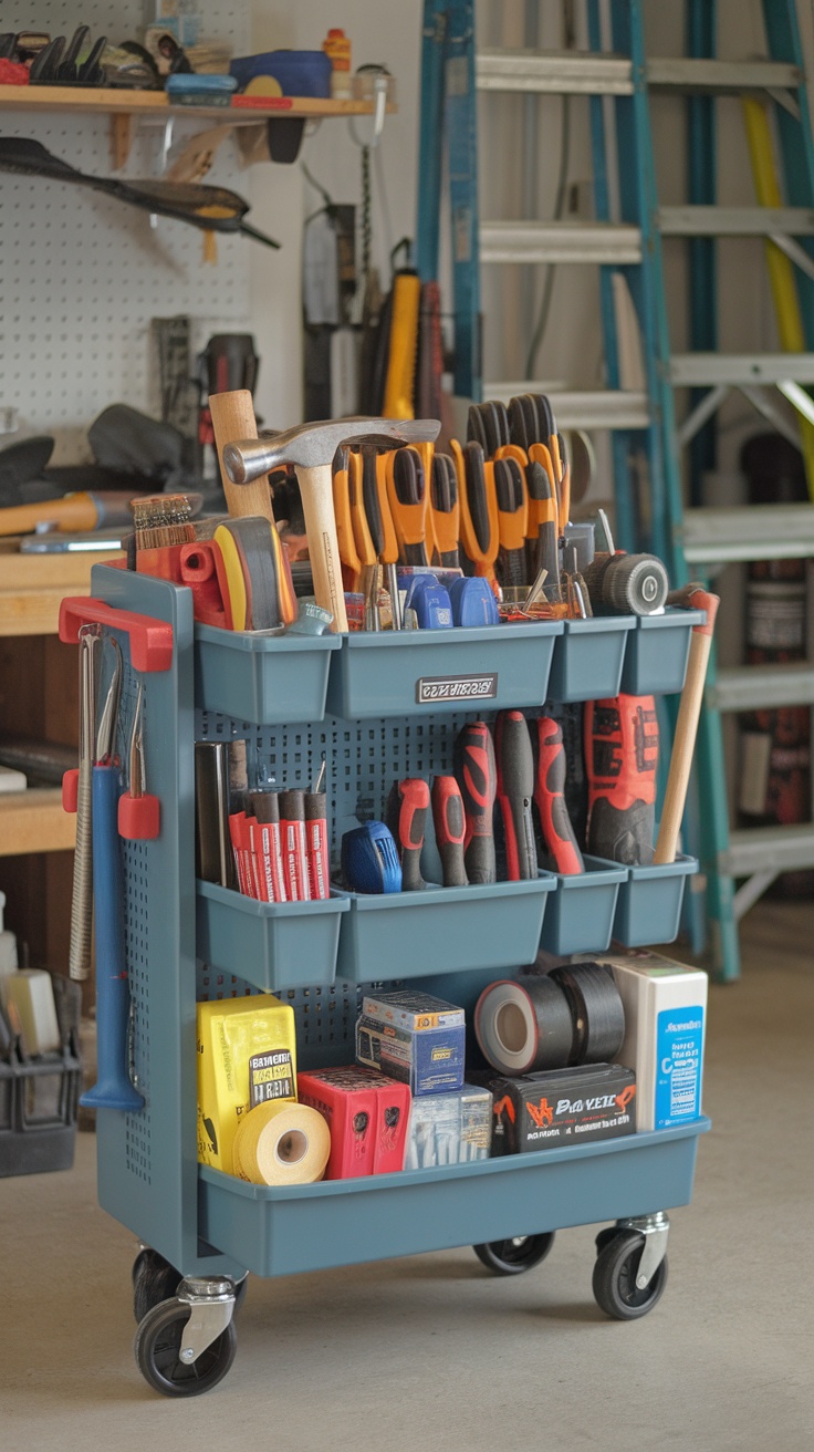 A blue rolling cart filled with various tools and supplies in a garage setting.