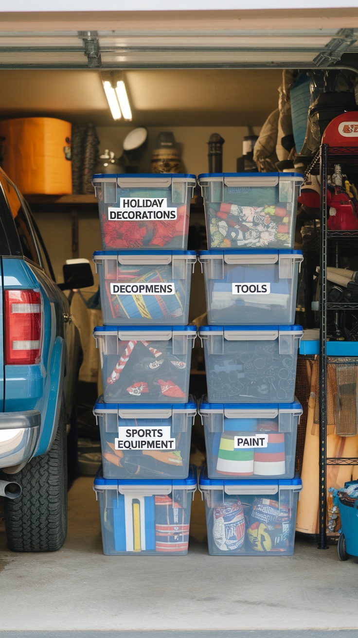 A neatly organized garage with clear storage bins labeled for different categories like holiday decorations, tools, and sports equipment.