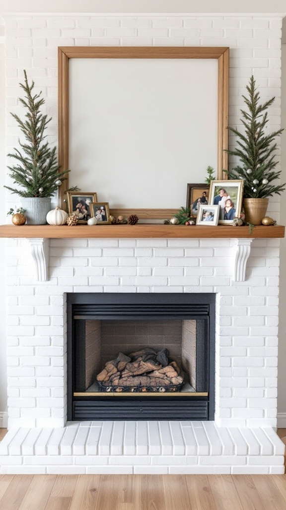 White brick fireplace with a wooden mantel decorated with plants and photos