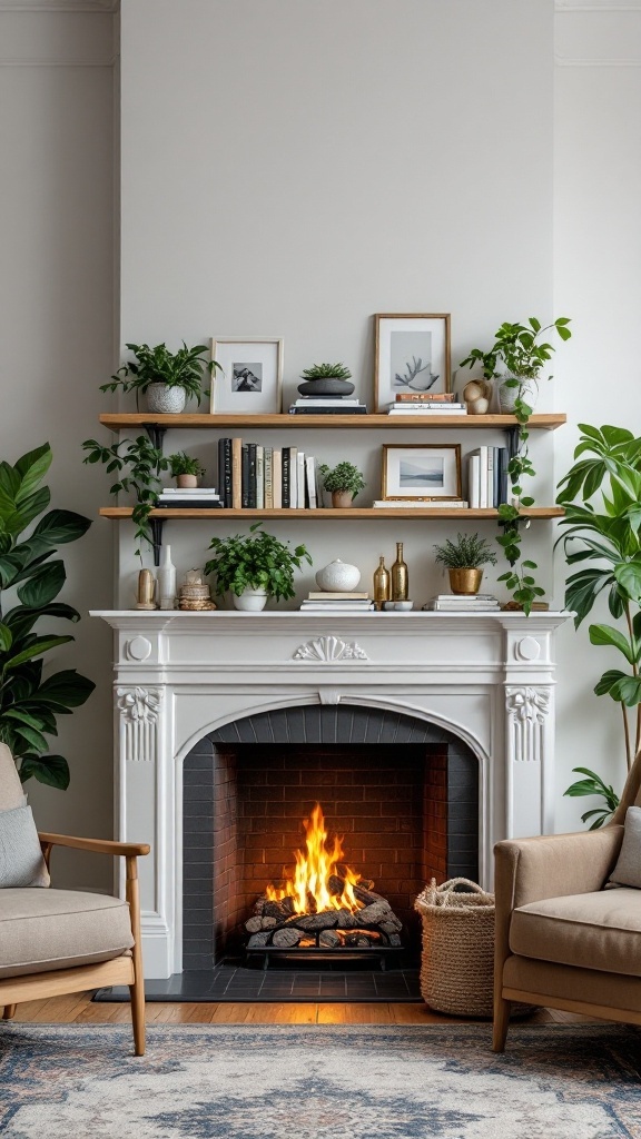 A cozy living room with a fireplace and floating shelves above it, featuring plants, books, and decorative items