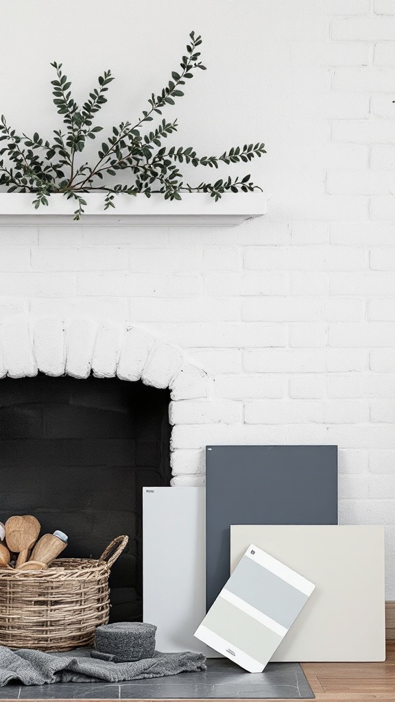 Color samples for painting a white brick fireplace with a fireplace hearth and a plant decoration.