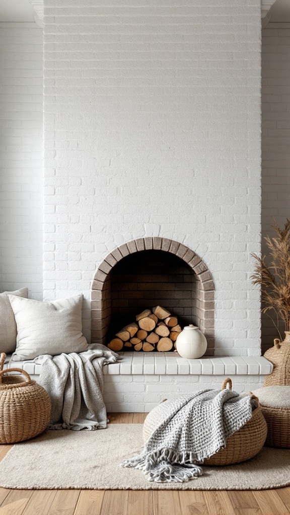 A cozy nook near a white brick fireplace with pillows, baskets, and soft blankets.