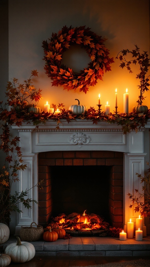 A fireplace mantel decorated for fall with a wreath, pumpkins, and candles.