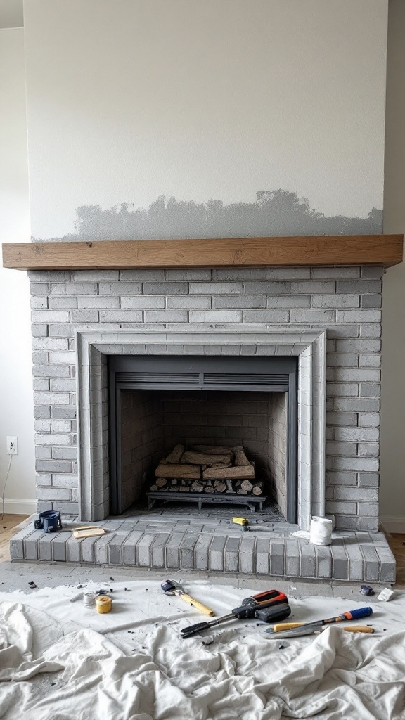 A partially painted fireplace with gray bricks and wooden mantel, surrounded by tools and drop cloth.