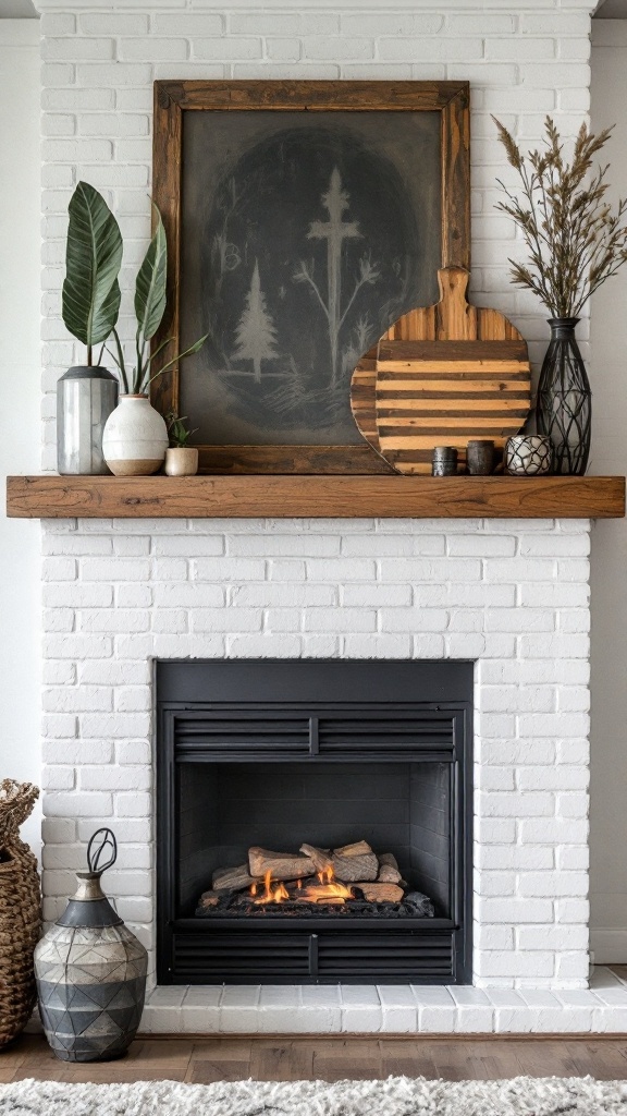 A white brick fireplace featuring a wooden mantel decorated with plants, vases, and artwork.