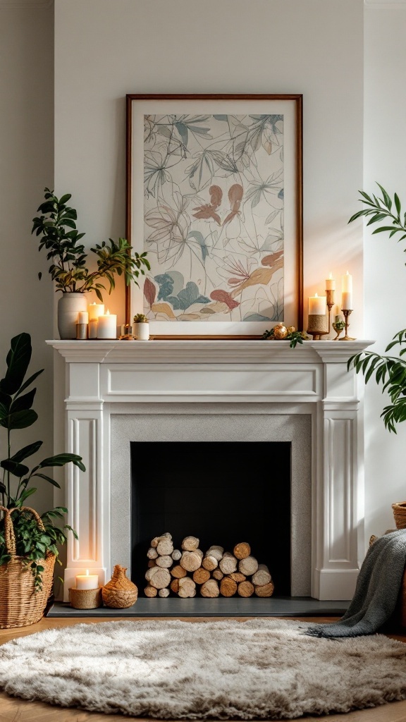 A cozy fireplace mantel decorated with plants, candles, a piece of art, and stacked logs