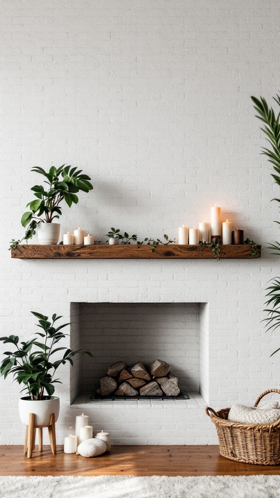 Decorated white brick fireplace with candles and plants