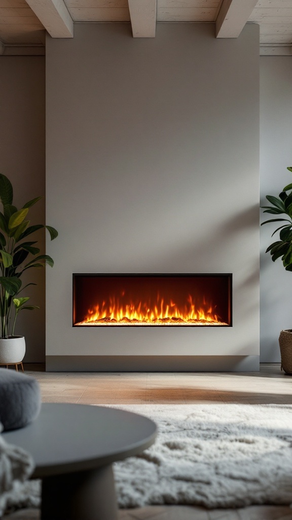A modern electric fireplace embedded in a wall with a warm glow, surrounded by plants and a cozy living area.