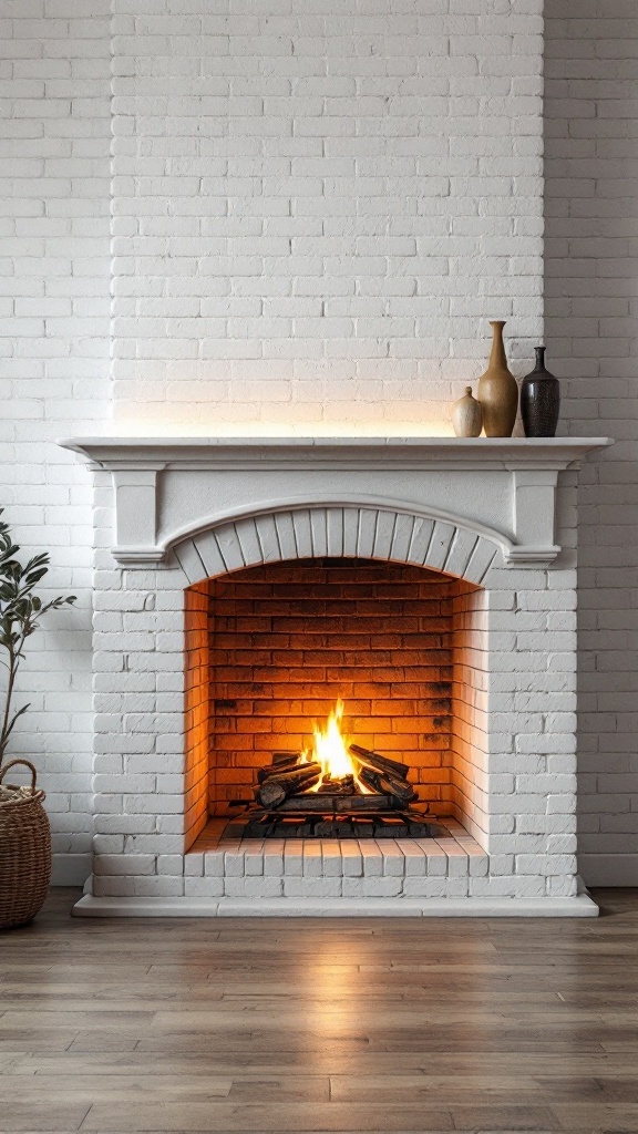 A cozy white brick fireplace with a fire burning, decorated with vases on the mantel and a plant beside it.