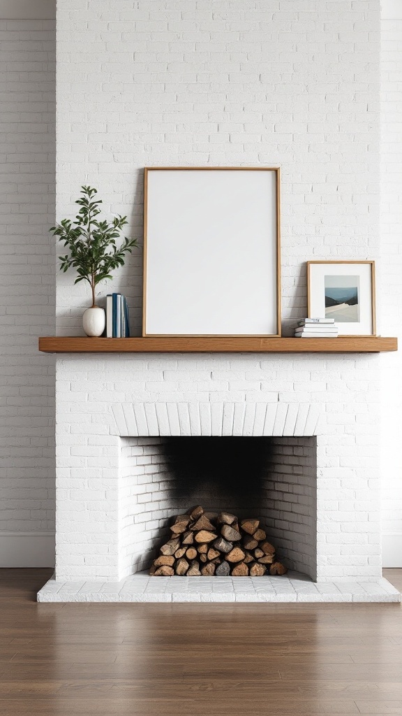 A white brick fireplace with a wooden shelf above it displaying decorative items and a stack of logs in the fireplace.