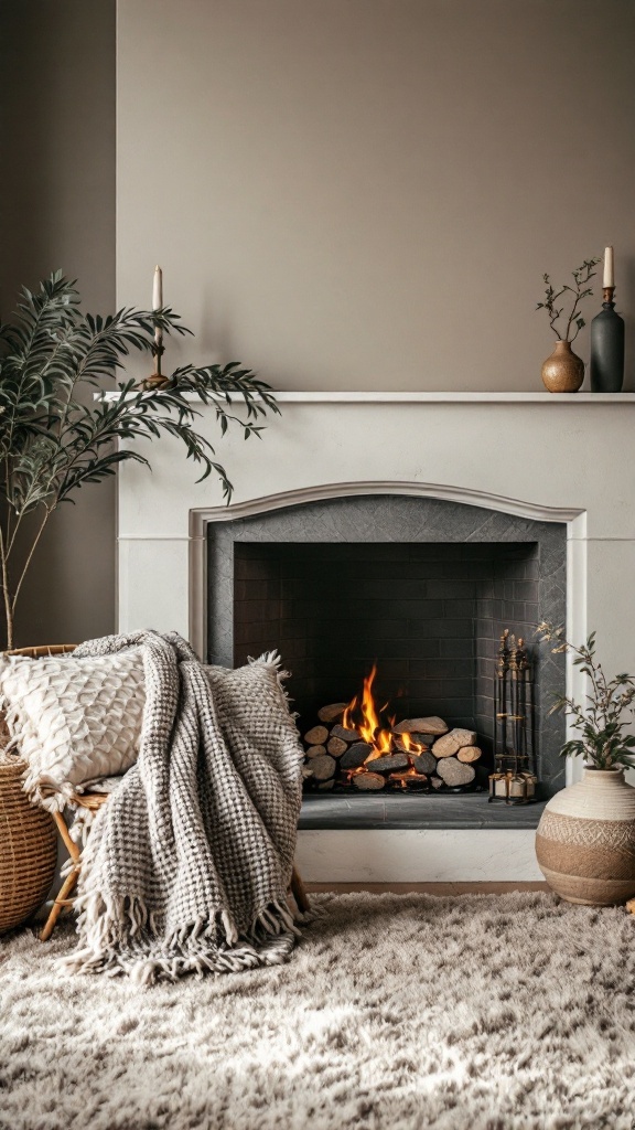Cozy fireplace setup with a textured blanket, warm colors, and natural decor elements
