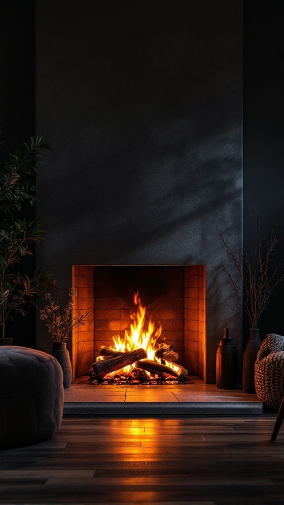 A cozy fireplace setup with glowing flames, dark walls, and decorative elements.