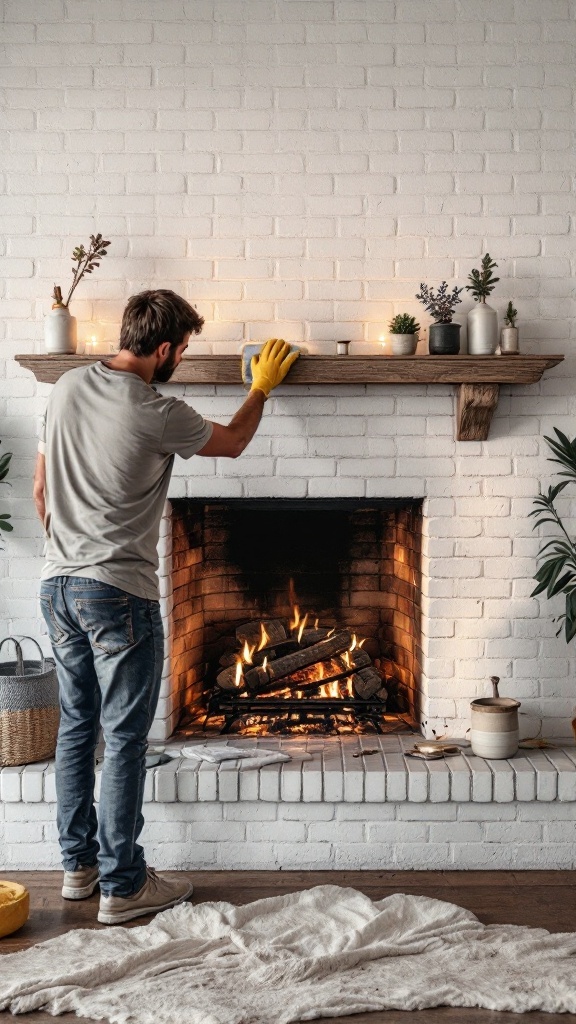 A person cleaning a white brick fireplace mantel with a yellow glove, surrounded by plants and candles