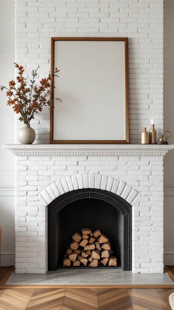 A white brick fireplace featuring a large empty frame above, a vase with flowers, and neatly stacked firewood.
