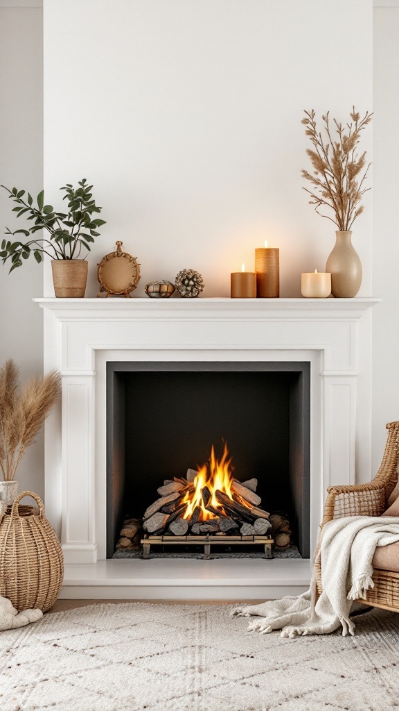 A cozy fireplace with logs, candles, and decorative elements creating a warm atmosphere.