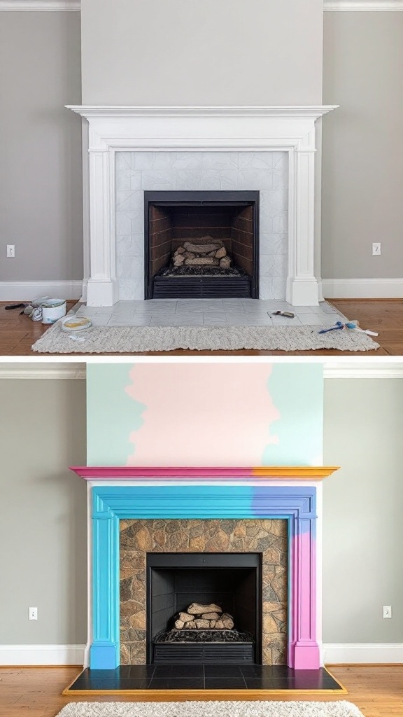 A before and after comparison of a fireplace surround. The top shows a white fireplace, while the bottom features colorful paint in shades of pink, blue, and yellow.