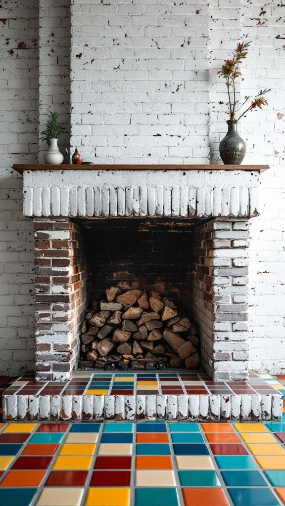 A white brick fireplace framed with colorful tiles, featuring a wooden mantel and decorative vases.