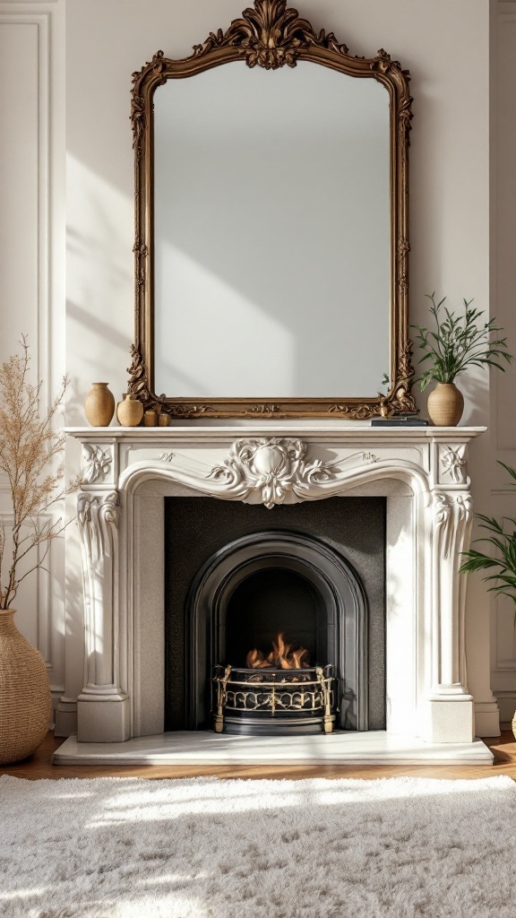 A beautifully styled fireplace with an ornate mirror above it, reflecting light and enhancing the space.