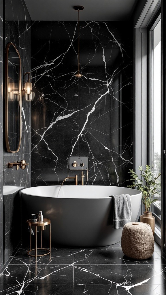 A luxurious black marble bathroom featuring a freestanding bathtub, gold fixtures, and greenery.