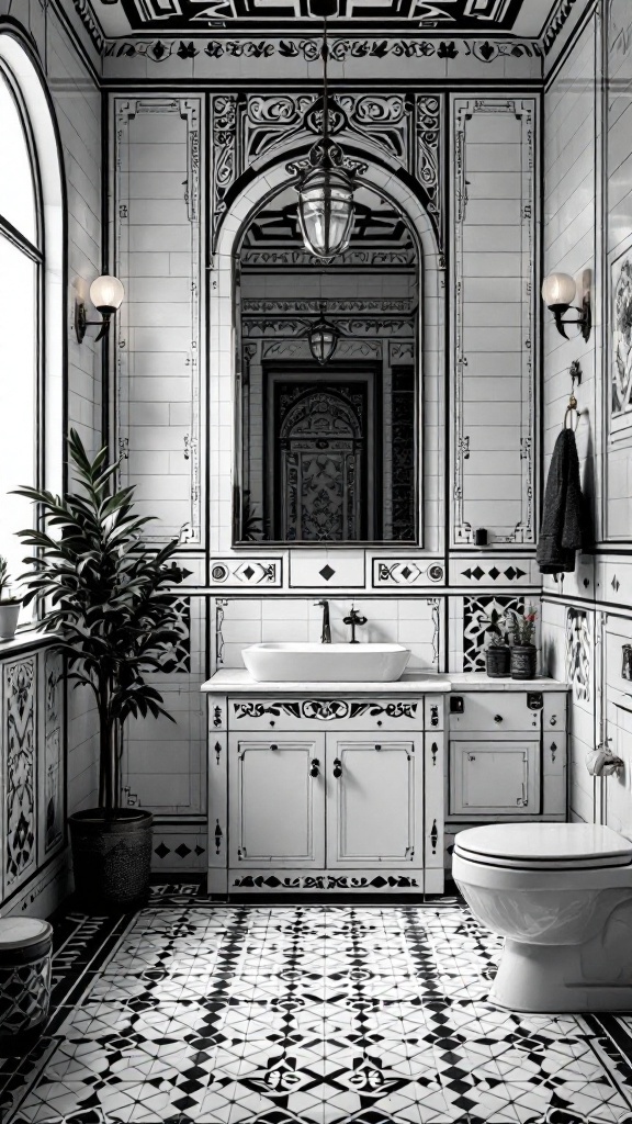 Art Deco black and white tile bathroom with intricate designs