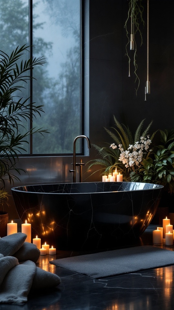 A black marble bathtub surrounded by candles and greenery in a stylish bathroom.