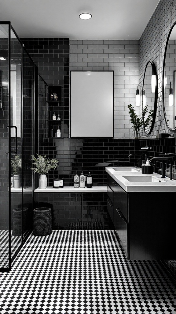 A modern black and white tile bathroom featuring sleek fixtures and a touch of greenery.