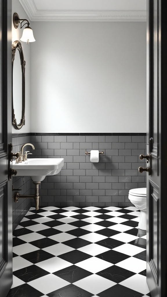 A bathroom featuring classic black and white checkerboard tile flooring with gray walls and vintage accents.