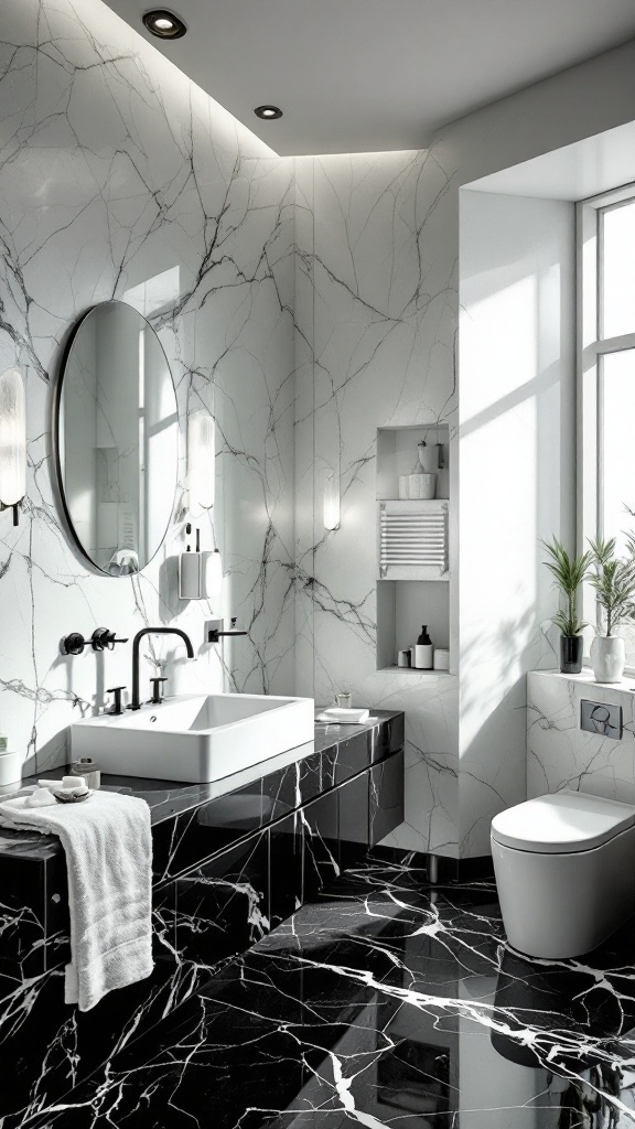 A stylish bathroom with black marble flooring and walls, featuring contrasting white fixtures.