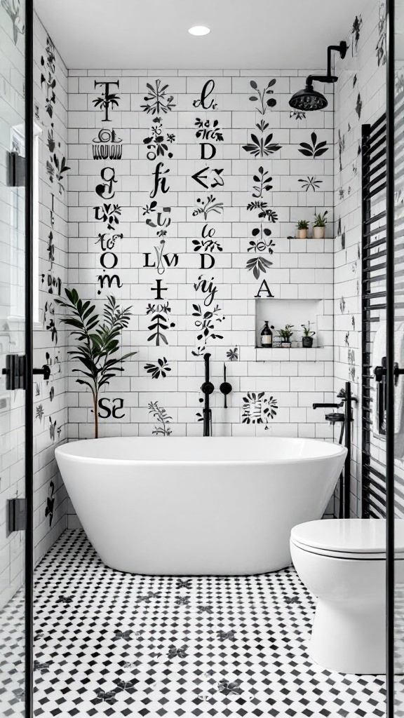 A stylish black and white tile bathroom featuring custom layouts with floral designs and a checkered floor.